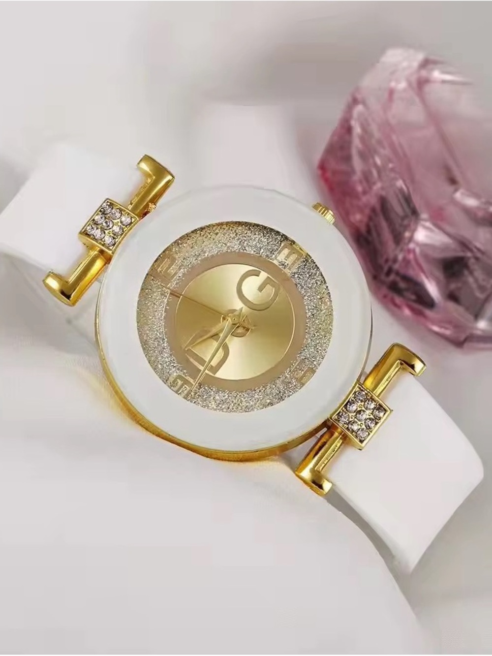 Elegant White & Gold Women's Watch with Crystal Accents